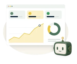 A live business dashboard with key numbers, a rising line chart and a donut chart, beside the Agent Augusta assistant.