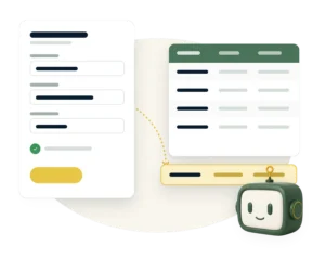 A completed online form whose answers flow into a tidy table, beside the Agent Augusta assistant.