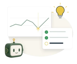A chart with one point flagged, a lightbulb and a checklist of next steps, beside the Agent Augusta assistant.