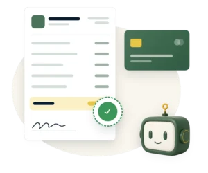 A drafted invoice with a paid check mark and a payment card, beside the Agent Augusta assistant.