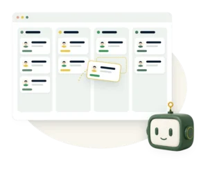 A sales pipeline board with a customer card moving to the next stage, beside the Agent Augusta assistant.