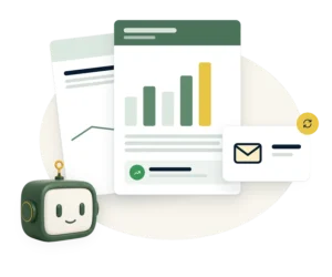 Report pages with charts and an envelope sent on a repeating schedule, beside the Agent Augusta assistant.